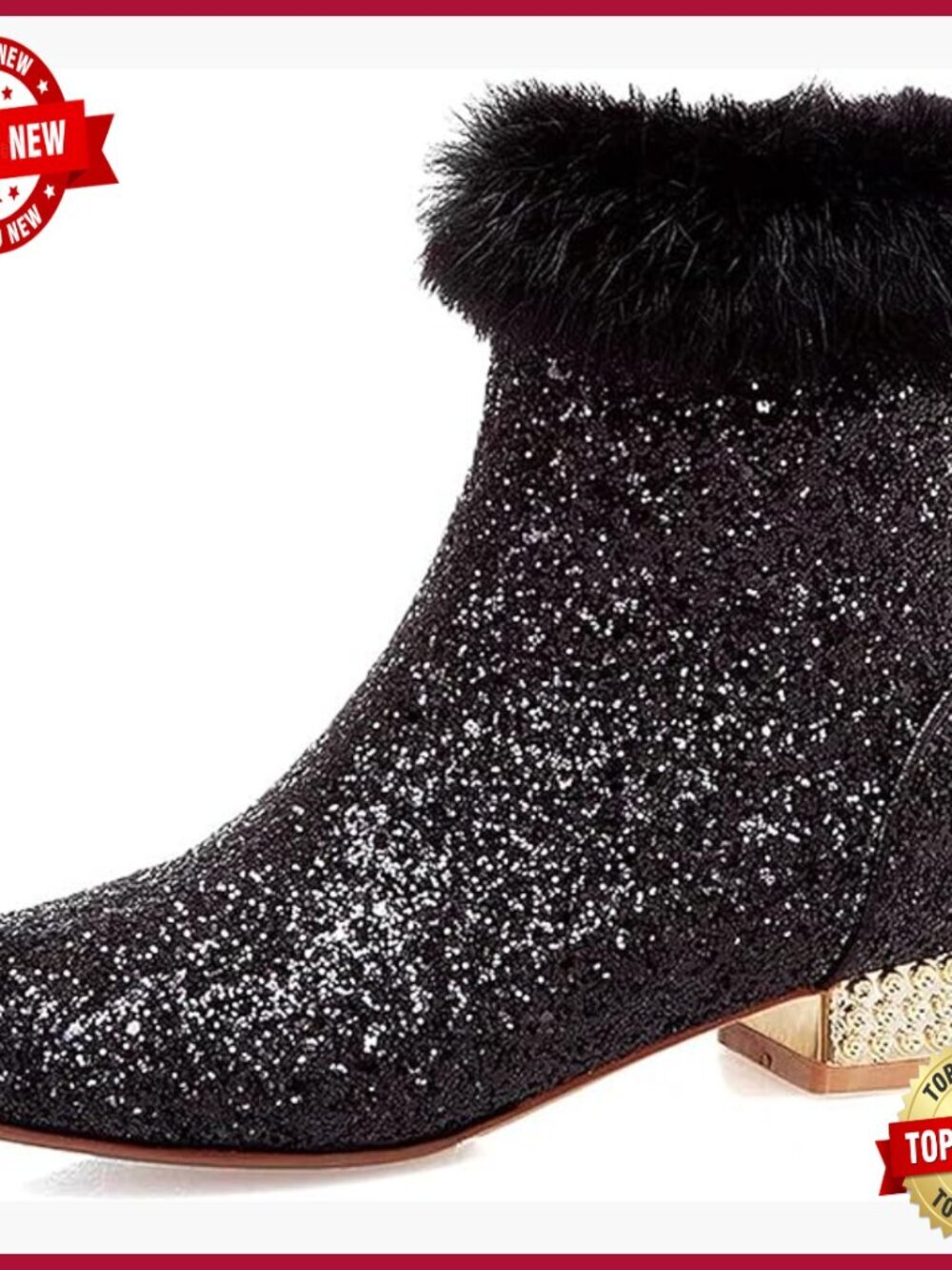 Sparkly Sequin Ankle Boots Low Chunky Heel Booties